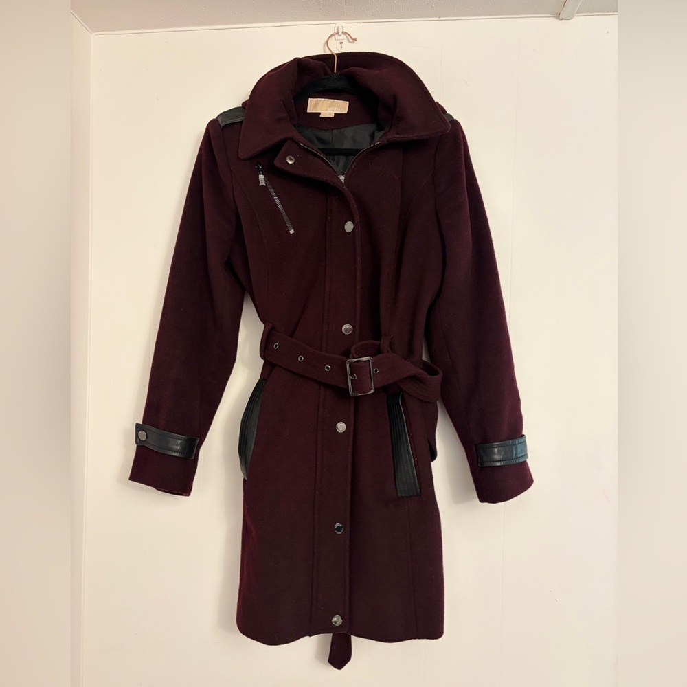 Michael Kors Wool Blend Coat Eggplant Color Women’s Size M Removable Hood Belt